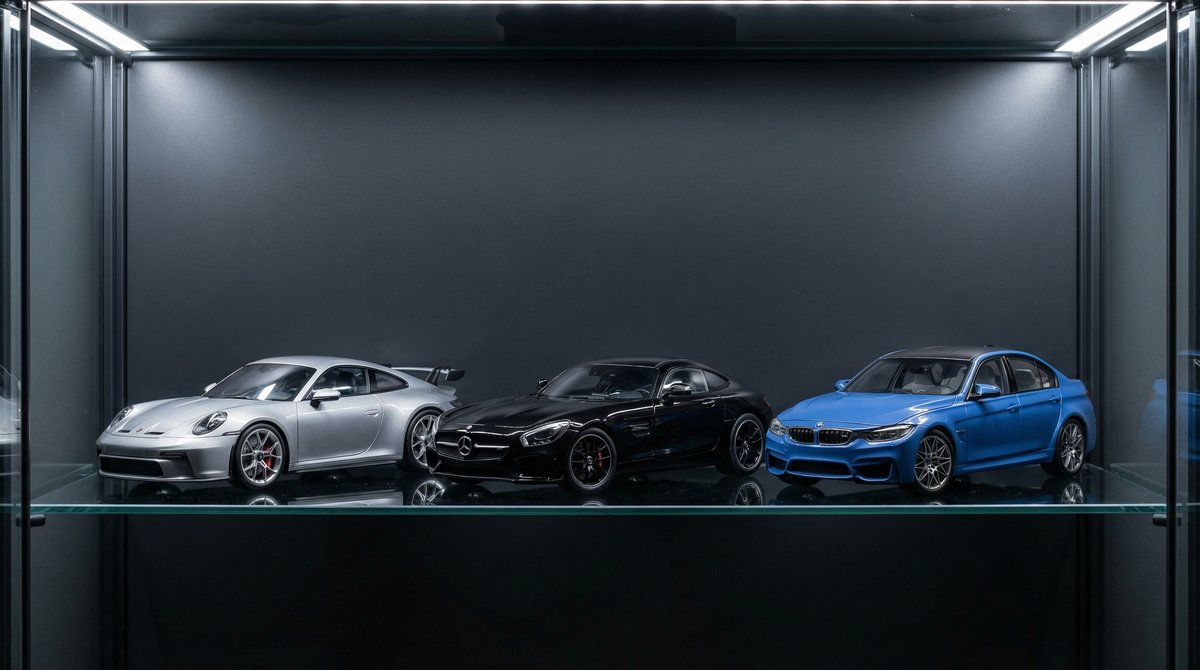 1:18 schaalmodellen van Porsche, Mercedes-Benz en BMW in een glazen vitrinekast