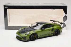 Porsche 911 991.2 GT3 RS Weissach Package Lizard Green Wording & Zwarte Magnesium Velgen Minichamps 1:18 155068232 Metaal — afbeelding 6 van 6