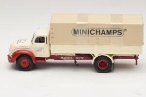 Magirus-Deutz S 7500 Jupiter Platte Vrachtwagen Wit Rood Minichamps 1:43 439141022 Metaal — afbeelding 3 van 6