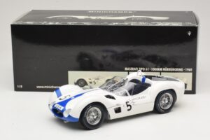 Maserati Tipo 61 #5 S. Moss / D. Gurney Camoradi ADAC 1000km Nurburgring Winner 1960 Minichamps 1:18 100601205 Metaal — afbeelding 8 van 8